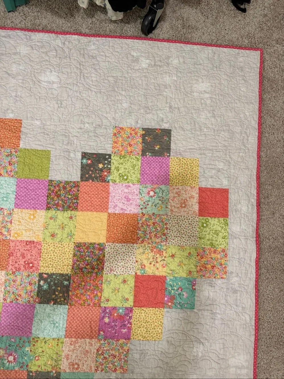 Handmade Heart Patchwork Quilt | Floral Cottagecore Throw | Pink & White Quilted